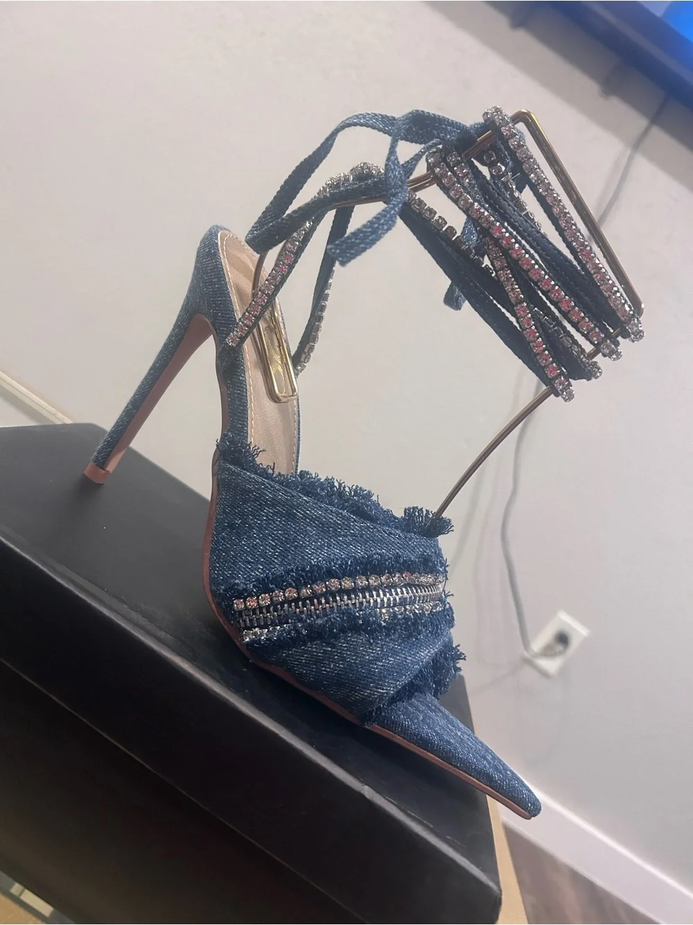 EGO Denim Pointed Toe Crystal-Ankle Lace Stiletto - Blue